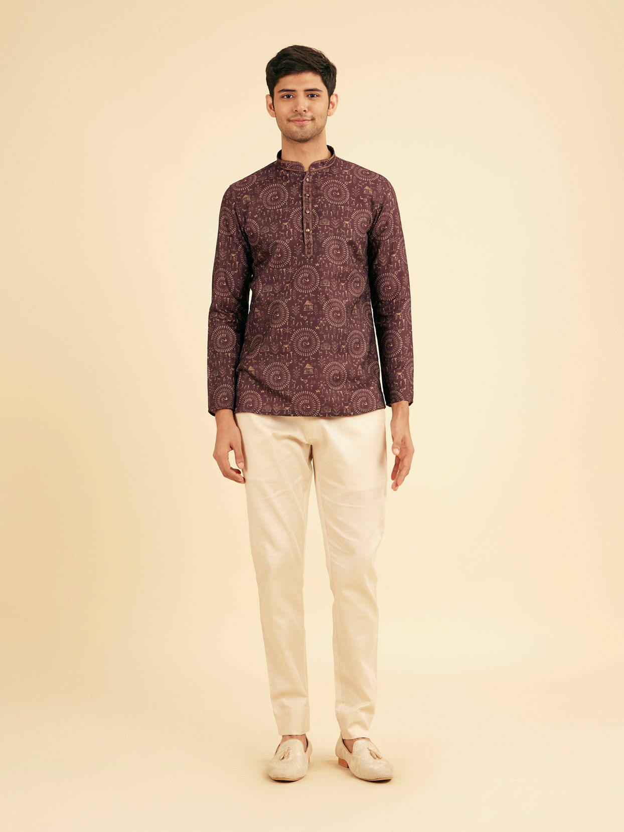 Manyavar Men Wine Worli Art Print Short Kurta