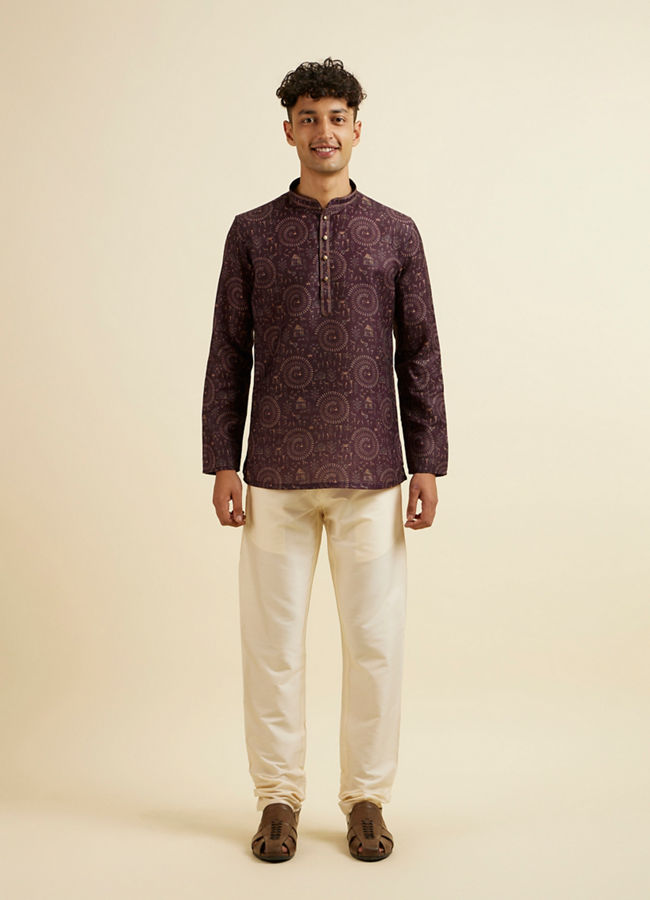 alt message - Manyavar Men Wine Worli Art Print Short Kurta image number 2