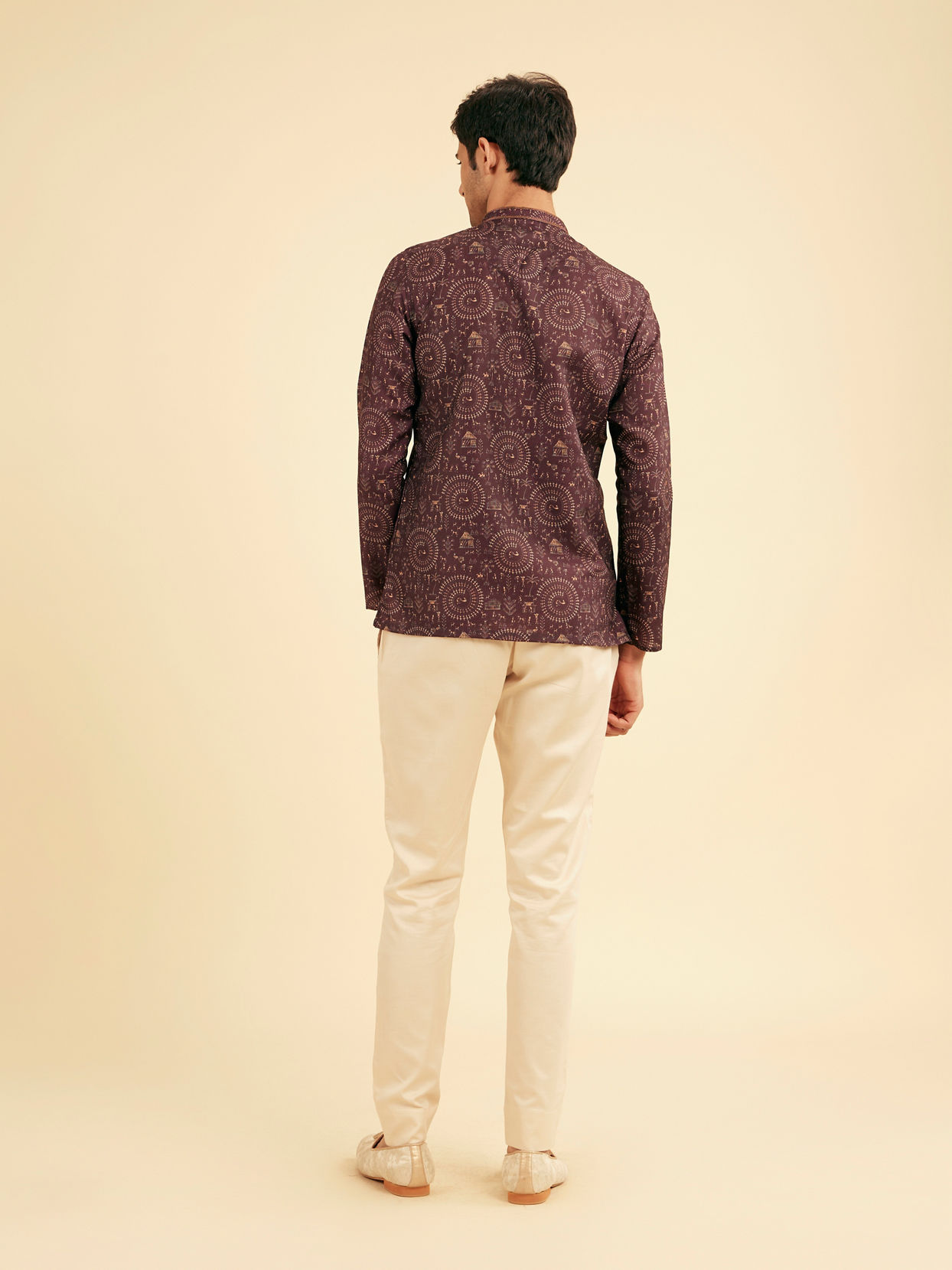 Manyavar Men Wine Worli Art Print Short Kurta