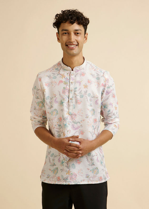 Manyavar Men Warm White Floral Print Short Kurta