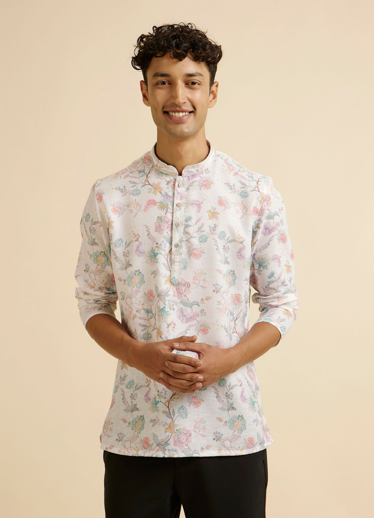 Manyavar Men Warm White Floral Print Short Kurta