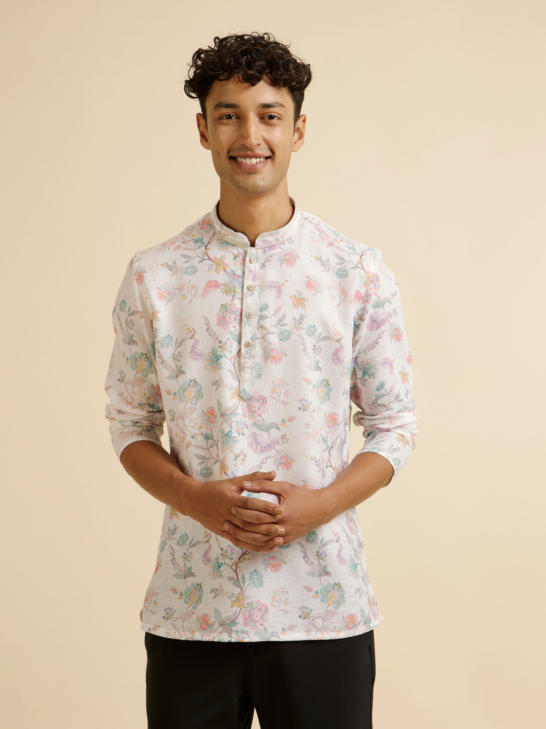 Manyavar Men Warm White Floral Print Short Kurta