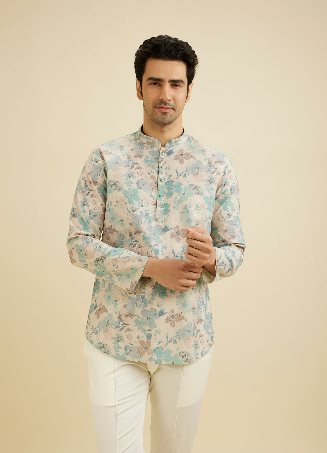 Manyavar Men Aqua Green Radiance Short Kurta