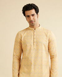 Manyavar Men Sunglow Yellow Circular Print Short Kurta