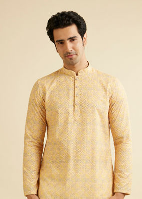 alt message - Manyavar Men Sunglow Yellow Circular Print Short Kurta image number 0