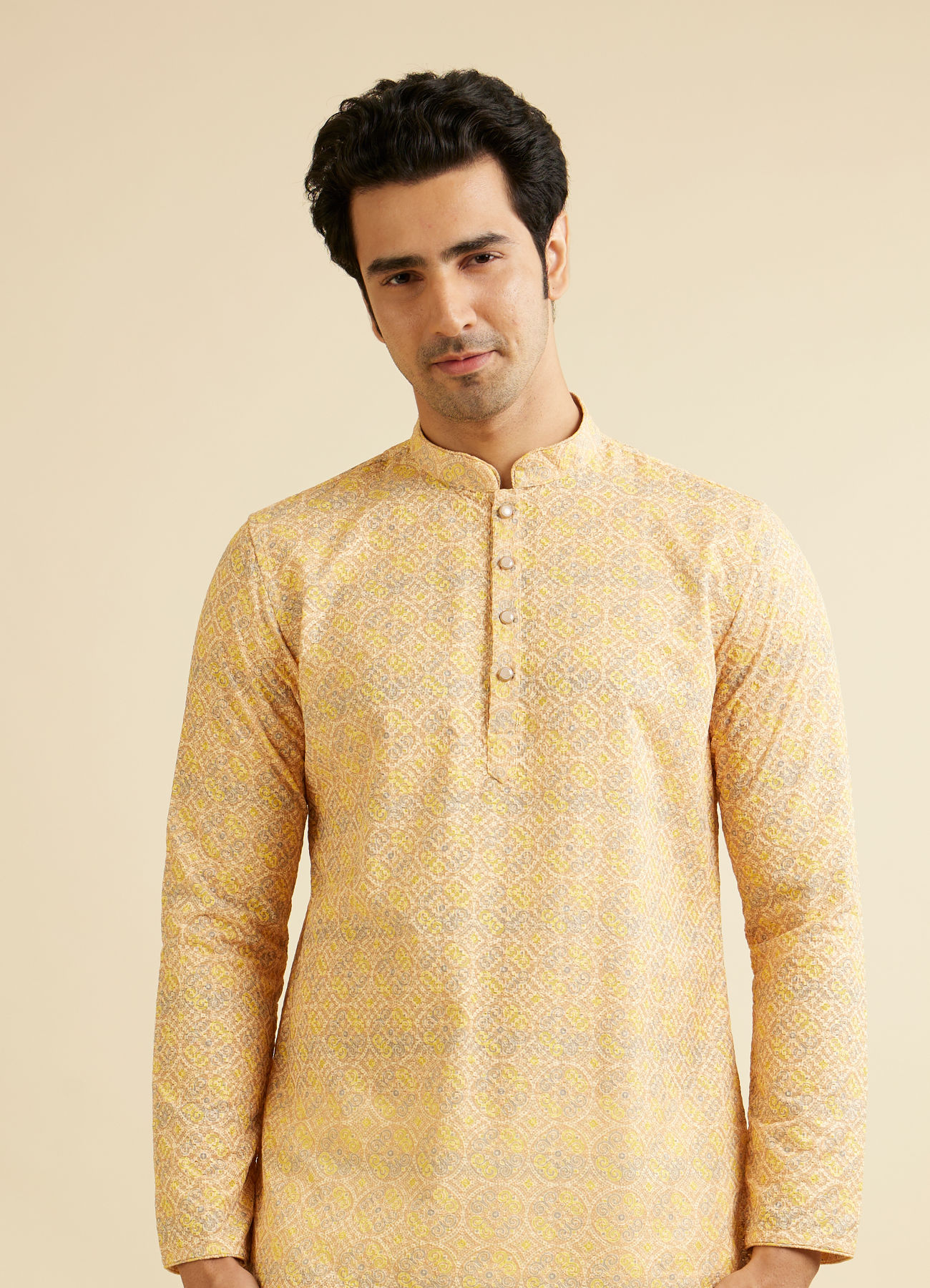 Manyavar Men Sunglow Yellow Circular Print Short Kurta