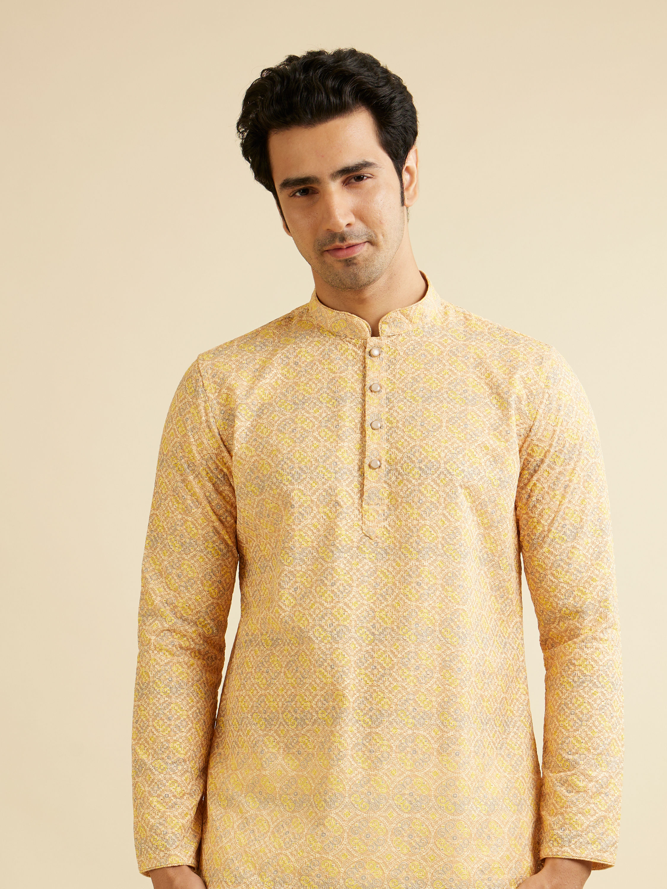 Manyavar Men Sunglow Yellow Circular Print Short Kurta