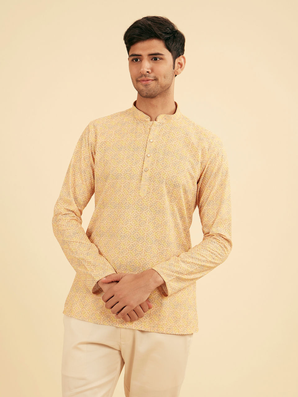 Manyavar Men Sunglow Yellow Circular Print Short Kurta