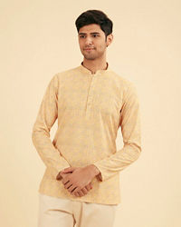 Manyavar Men Sunglow Yellow Circular Print Short Kurta