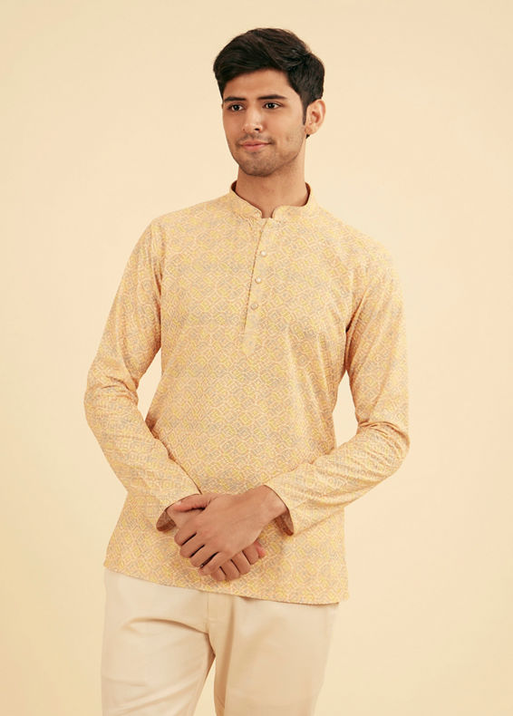 Manyavar Men Sunglow Yellow Circular Print Short Kurta