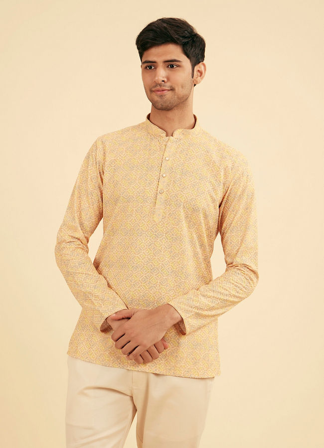 Manyavar Men Sunglow Yellow Circular Print Short Kurta