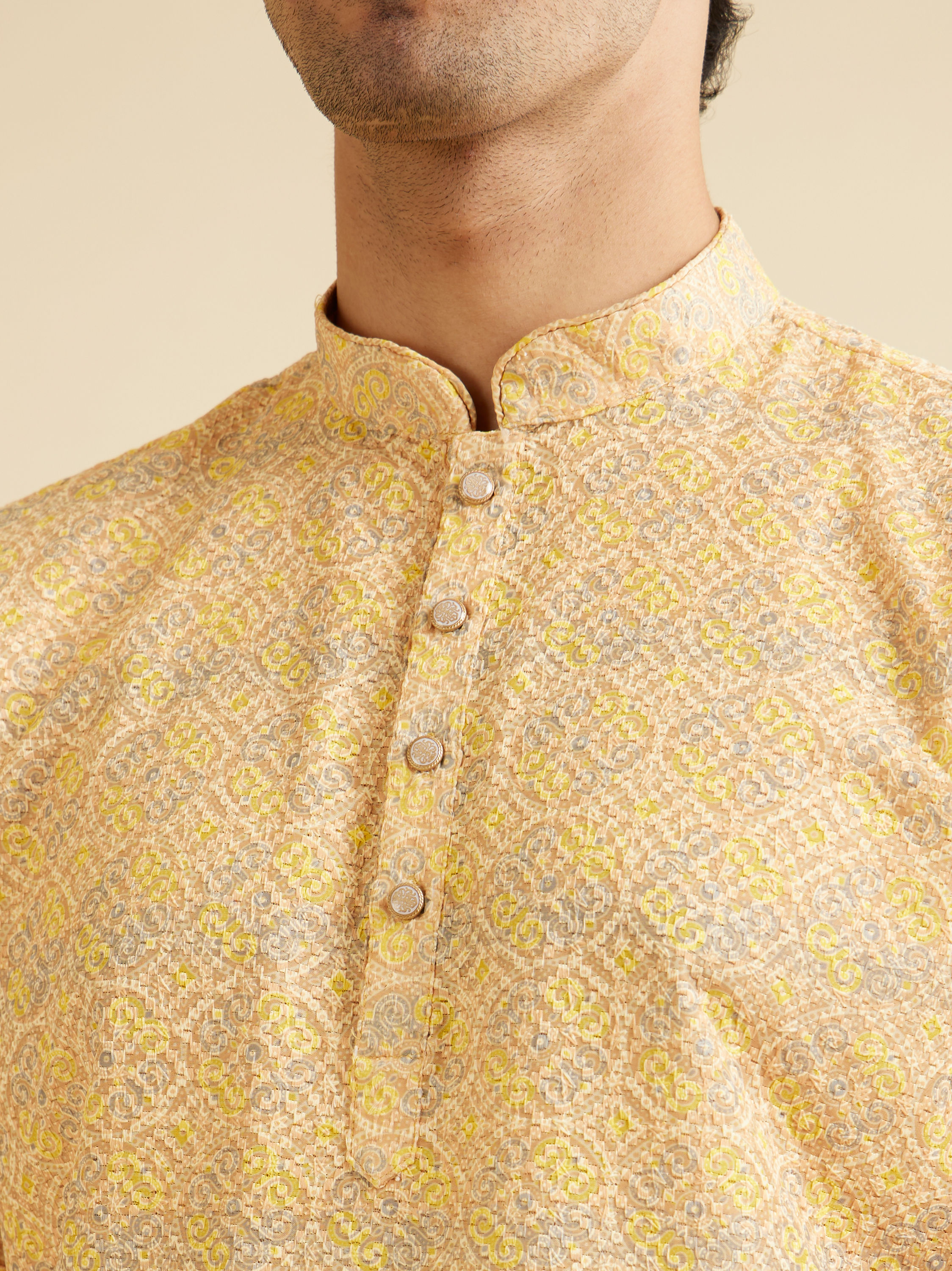 Manyavar Men Sunglow Yellow Circular Print Short Kurta