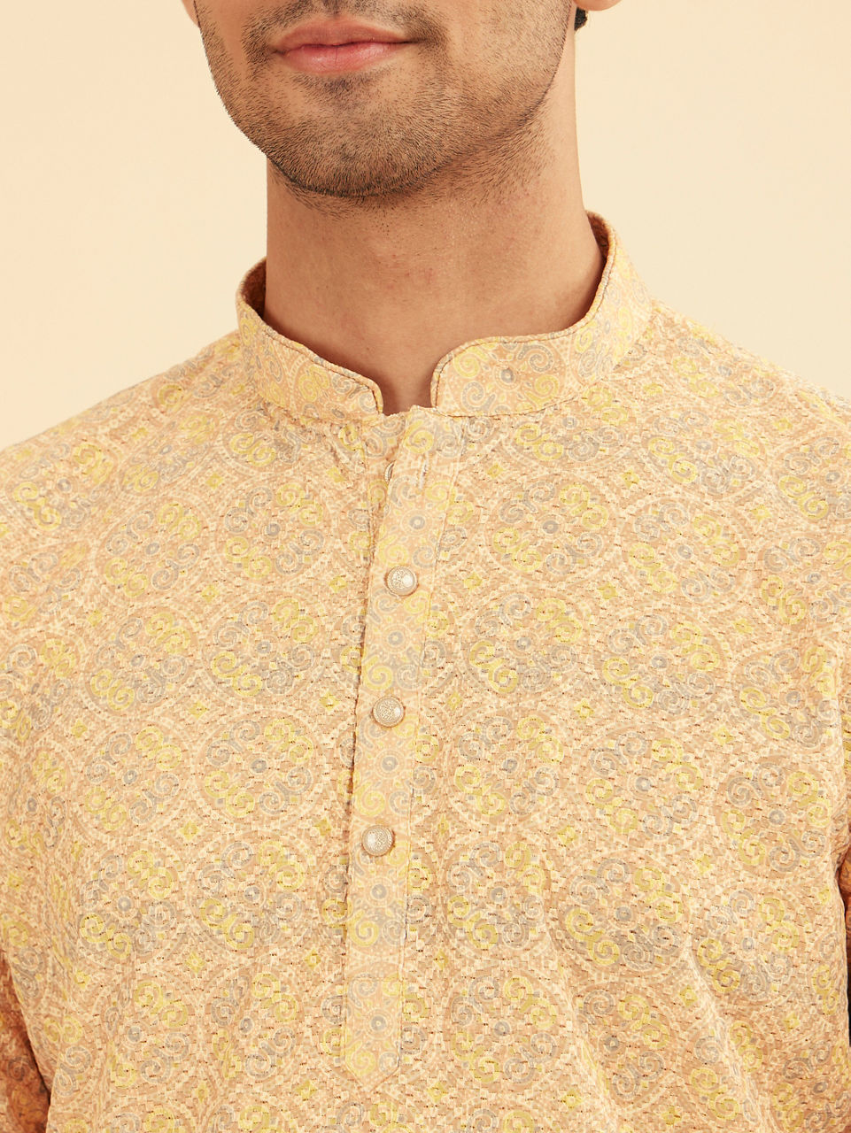 Manyavar Men Sunglow Yellow Circular Print Short Kurta