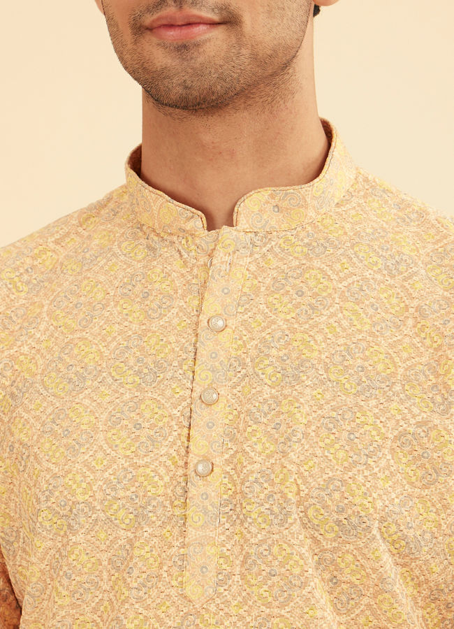 Manyavar Men Sunglow Yellow Circular Print Short Kurta
