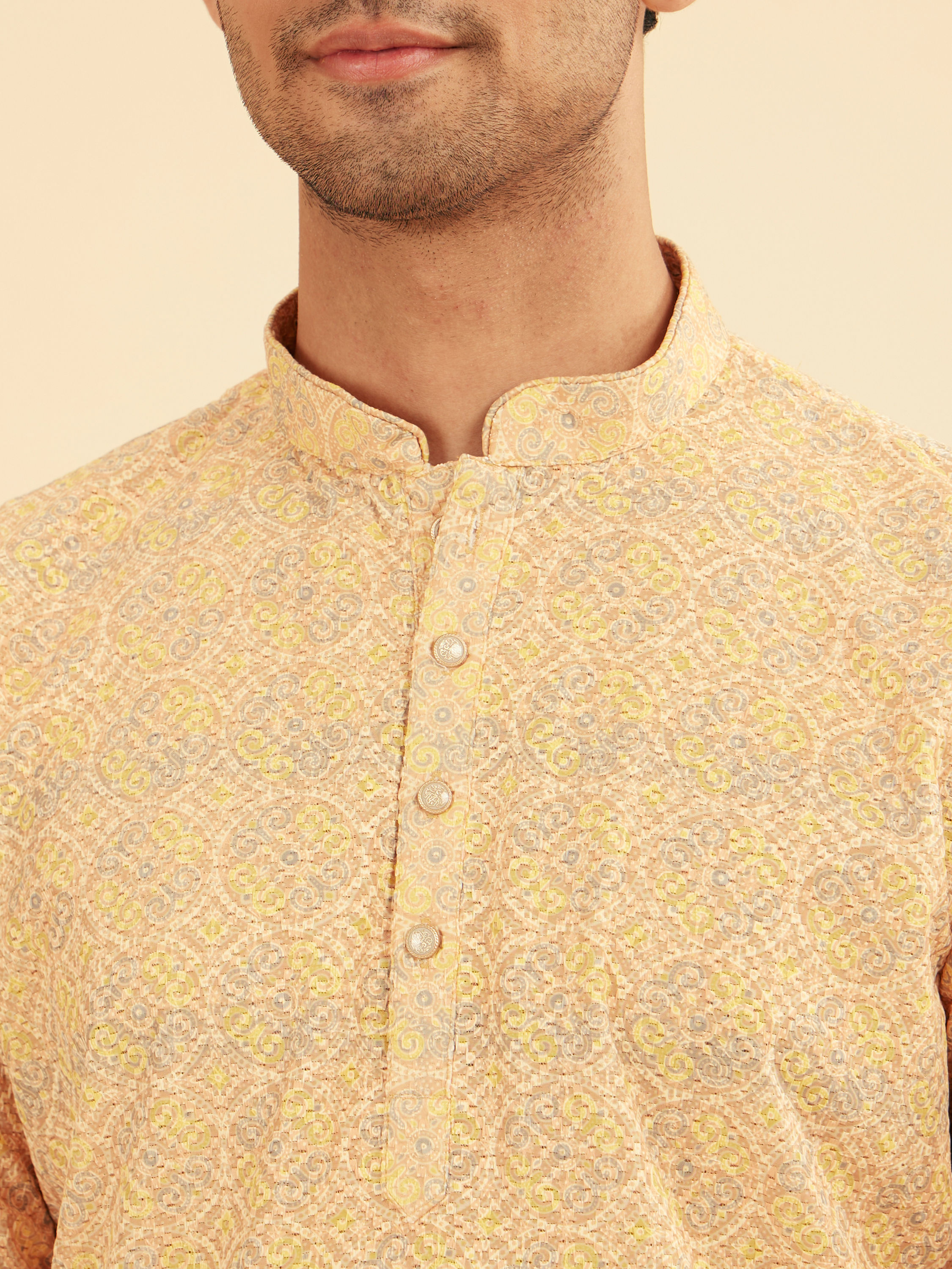 Manyavar Men Sunglow Yellow Circular Print Short Kurta