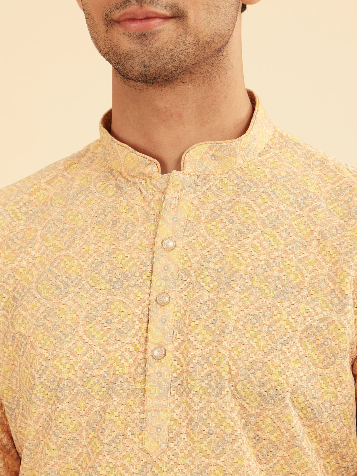 Manyavar Men Sunglow Yellow Circular Print Short Kurta