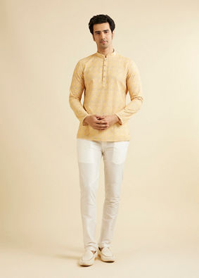 alt message - Manyavar Men Sunglow Yellow Circular Print Short Kurta image number 2