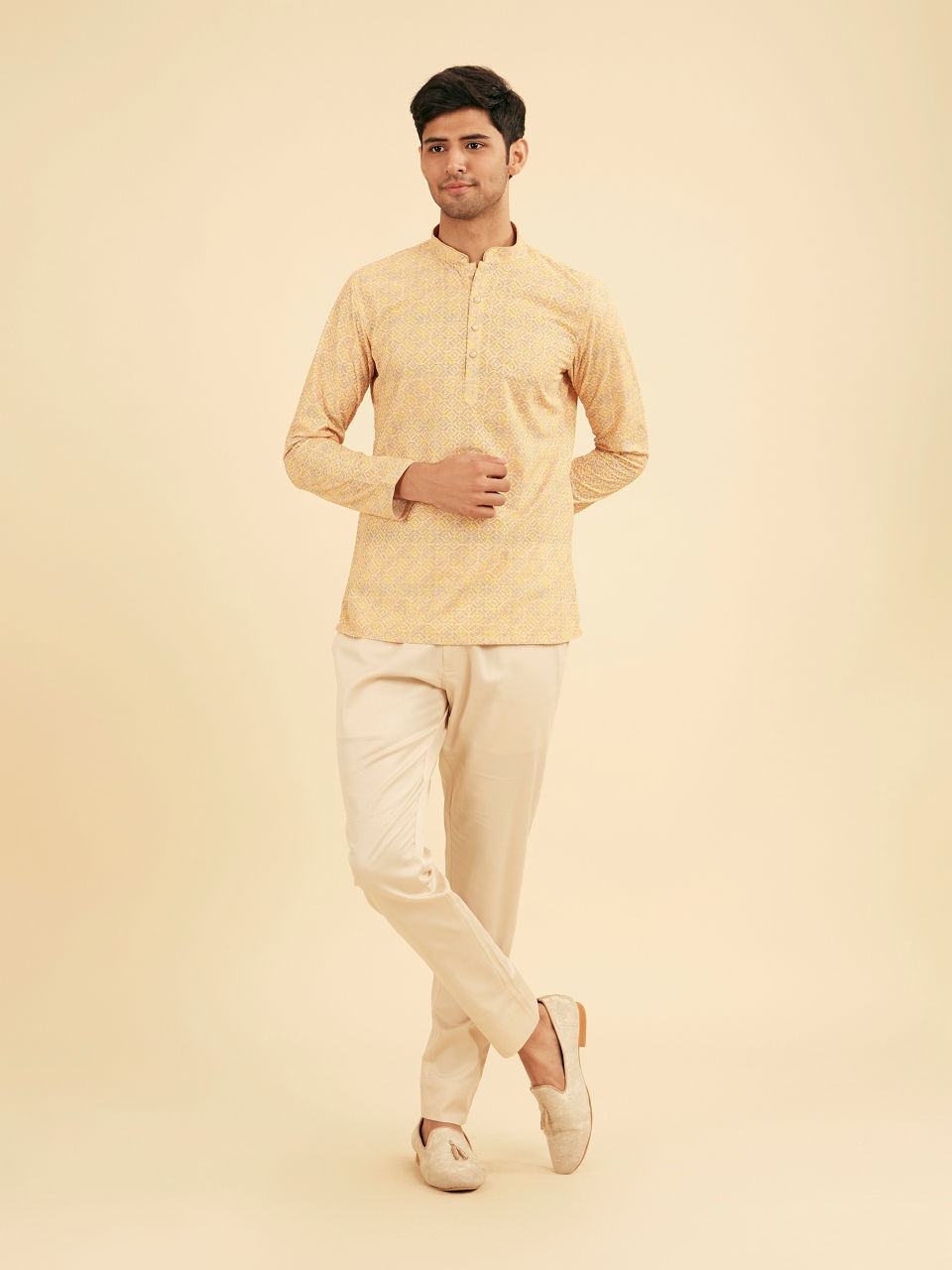Manyavar Men Sunglow Yellow Circular Print Short Kurta