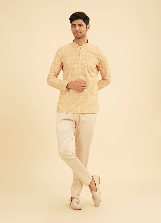Manyavar Men Sunglow Yellow Circular Print Short Kurta