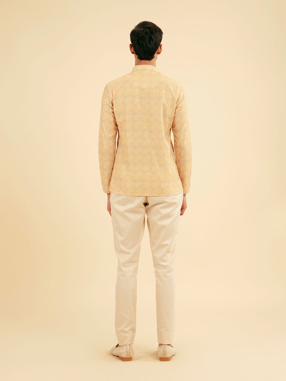 Manyavar Men Sunglow Yellow Circular Print Short Kurta