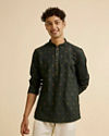 alt message - Manyavar Men Dark Green Buta Patterned Short Kurta image number 0