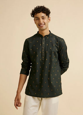 alt message - Manyavar Men Dark Green Buta Patterned Short Kurta image number 0