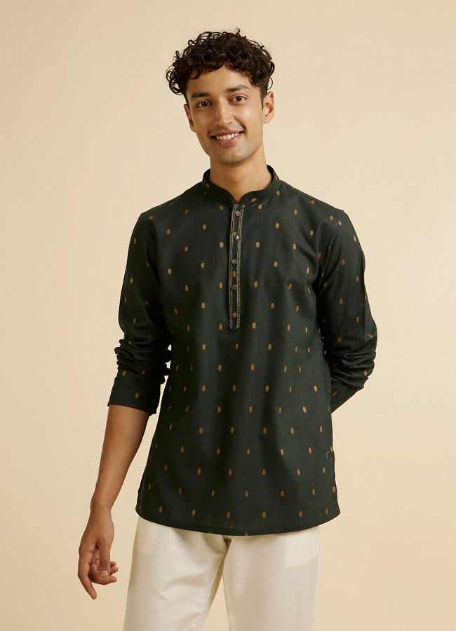 alt message - Manyavar Men Dark Green Buta Patterned Short Kurta image number 0