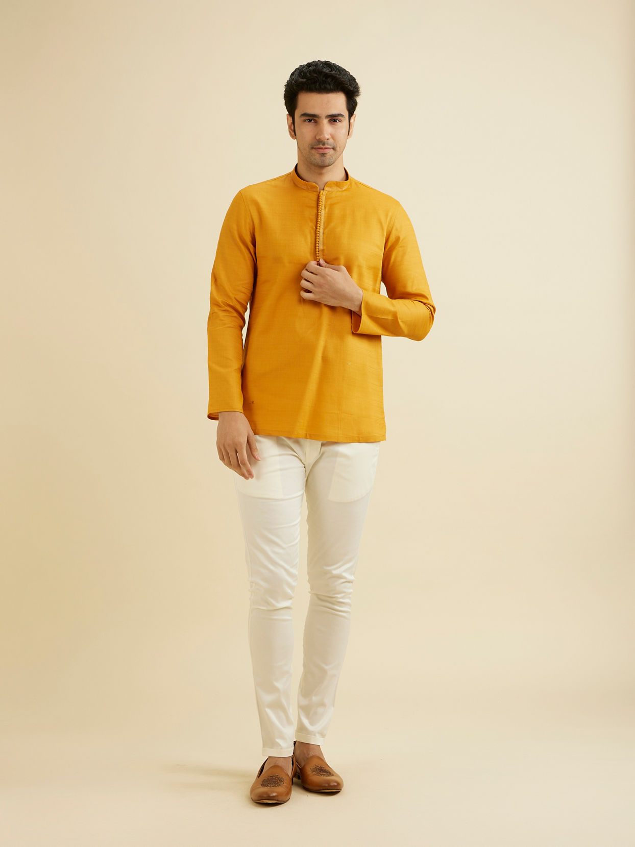 Manyavar Men Elegant Mustard Cotton Kurta