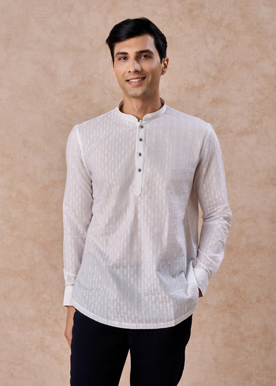Manyavar Men Elegant Woven White Short Kurta