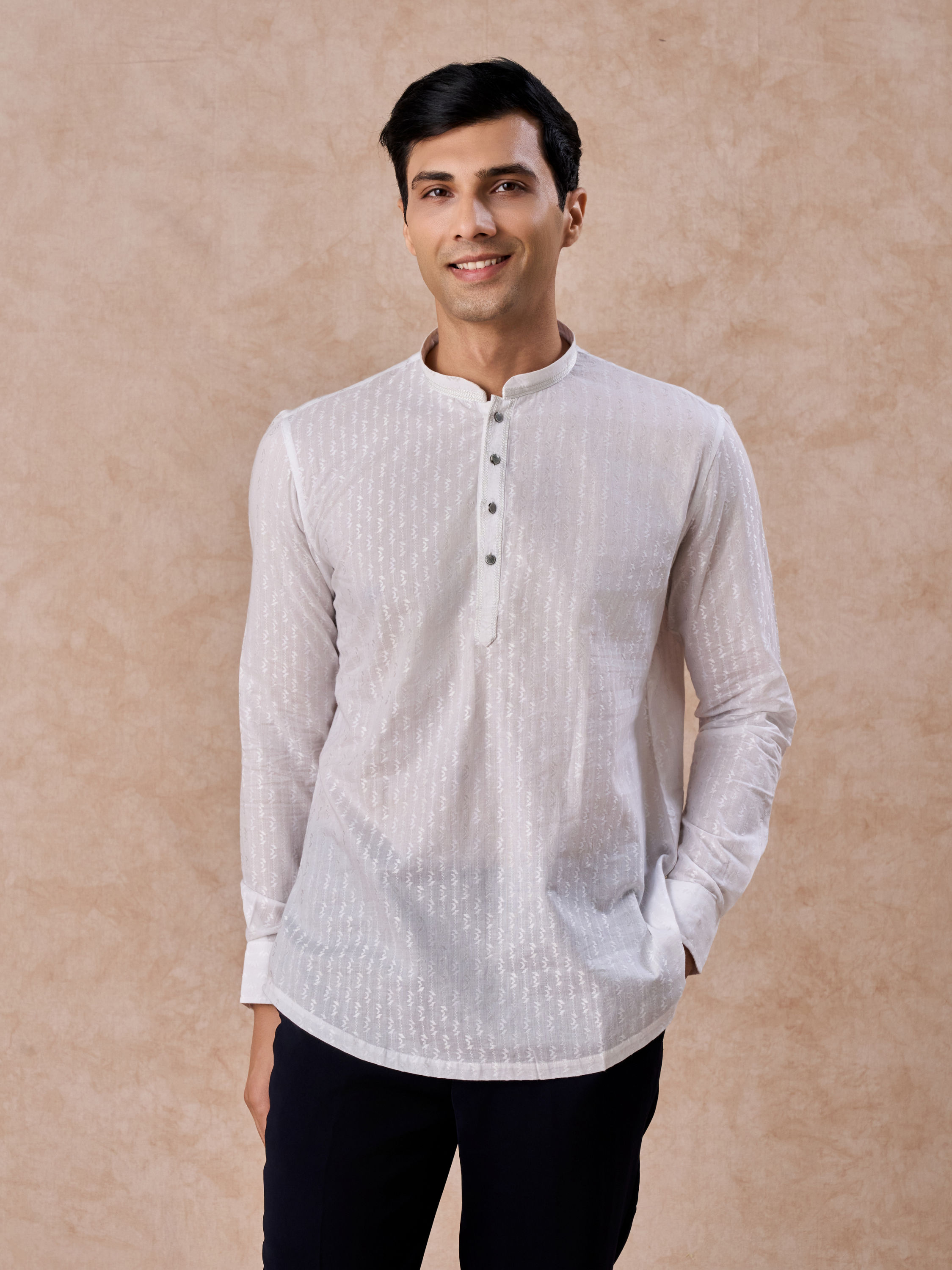 Manyavar Men Elegant Woven White Short Kurta
