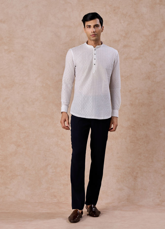 Manyavar Men Elegant Woven White Short Kurta