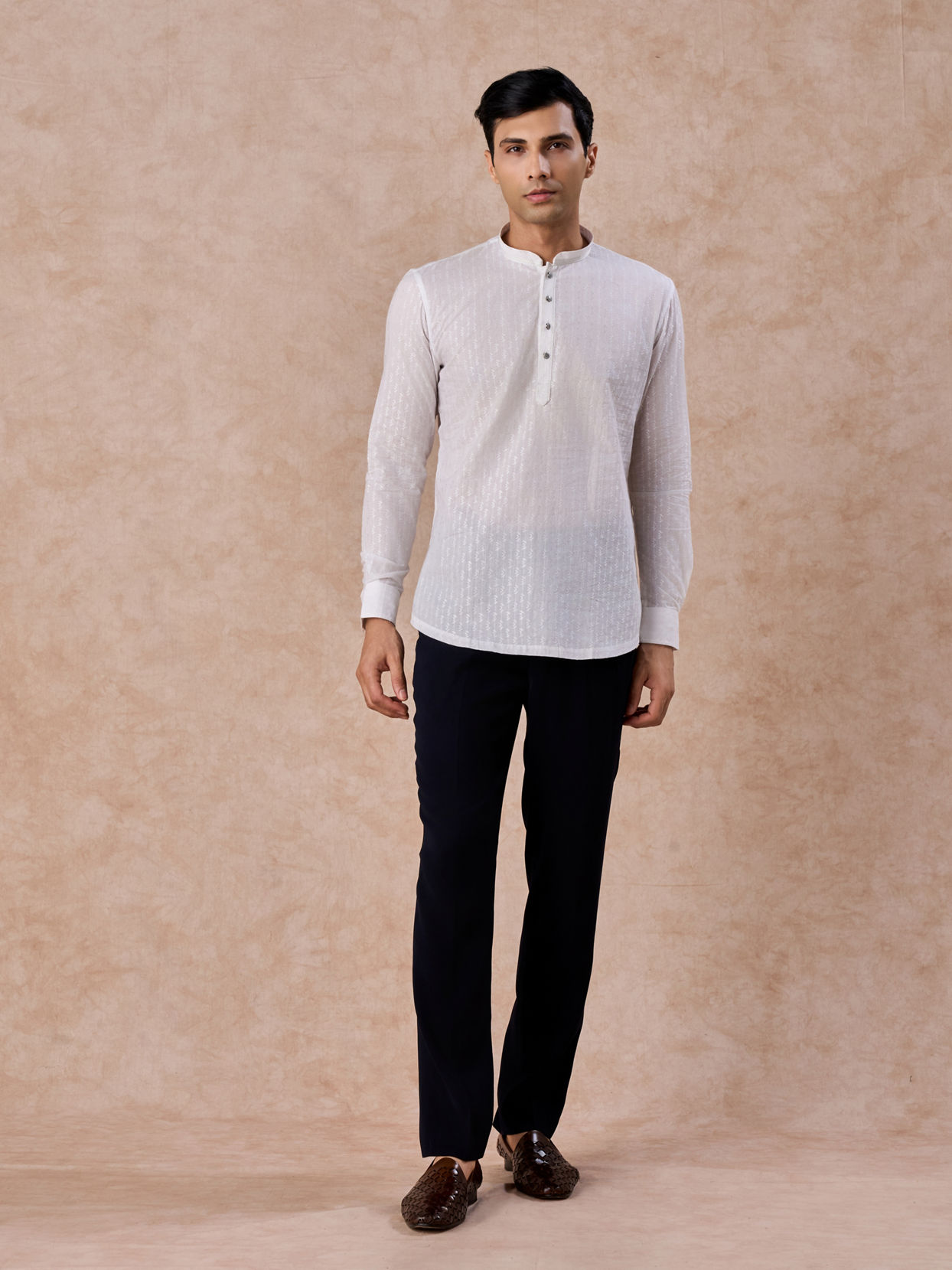 Manyavar Men Elegant Woven White Short Kurta