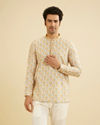 Manyavar Men Soft Beige Paisley Printed Short Kurta with Striped Neckline image number 0