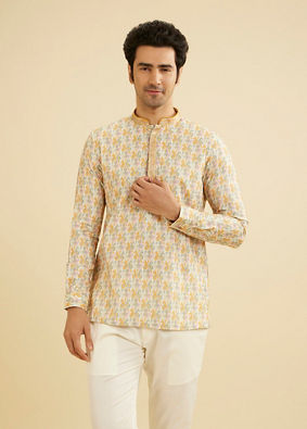 Manyavar Men Soft Beige Paisley Printed Short Kurta with Striped Neckline image number 0