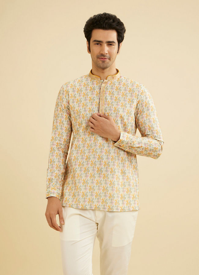 Manyavar Men Soft Beige Paisley Printed Short Kurta with Striped Neckline