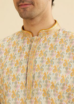 Manyavar Men Soft Beige Paisley Printed Short Kurta with Striped Neckline
