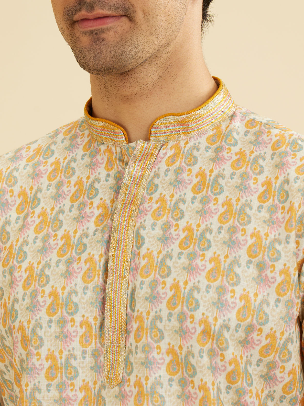 Manyavar Men Soft Beige Paisley Printed Short Kurta with Striped Neckline