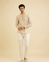 Manyavar Men Soft Beige Paisley Printed Short Kurta with Striped Neckline