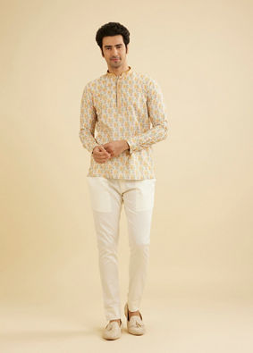 Manyavar Men Soft Beige Paisley Printed Short Kurta with Striped Neckline image number 2