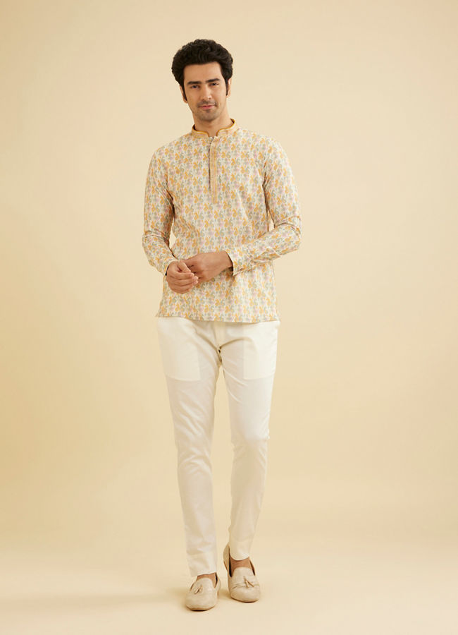 Manyavar Men Soft Beige Paisley Printed Short Kurta with Striped Neckline