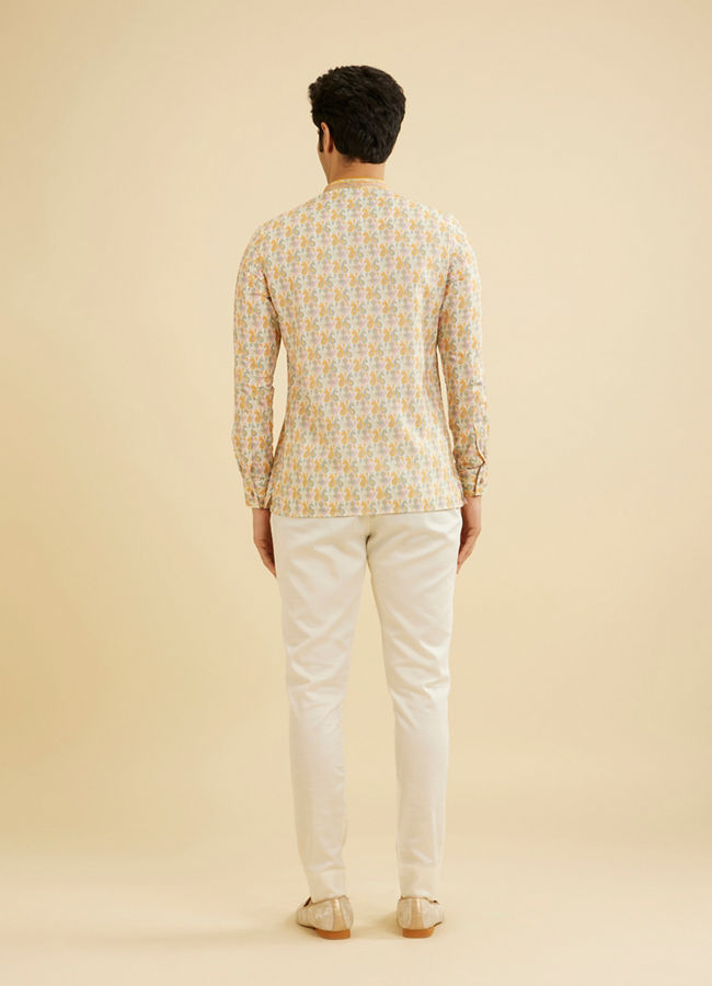 Manyavar Men Soft Beige Paisley Printed Short Kurta with Striped Neckline