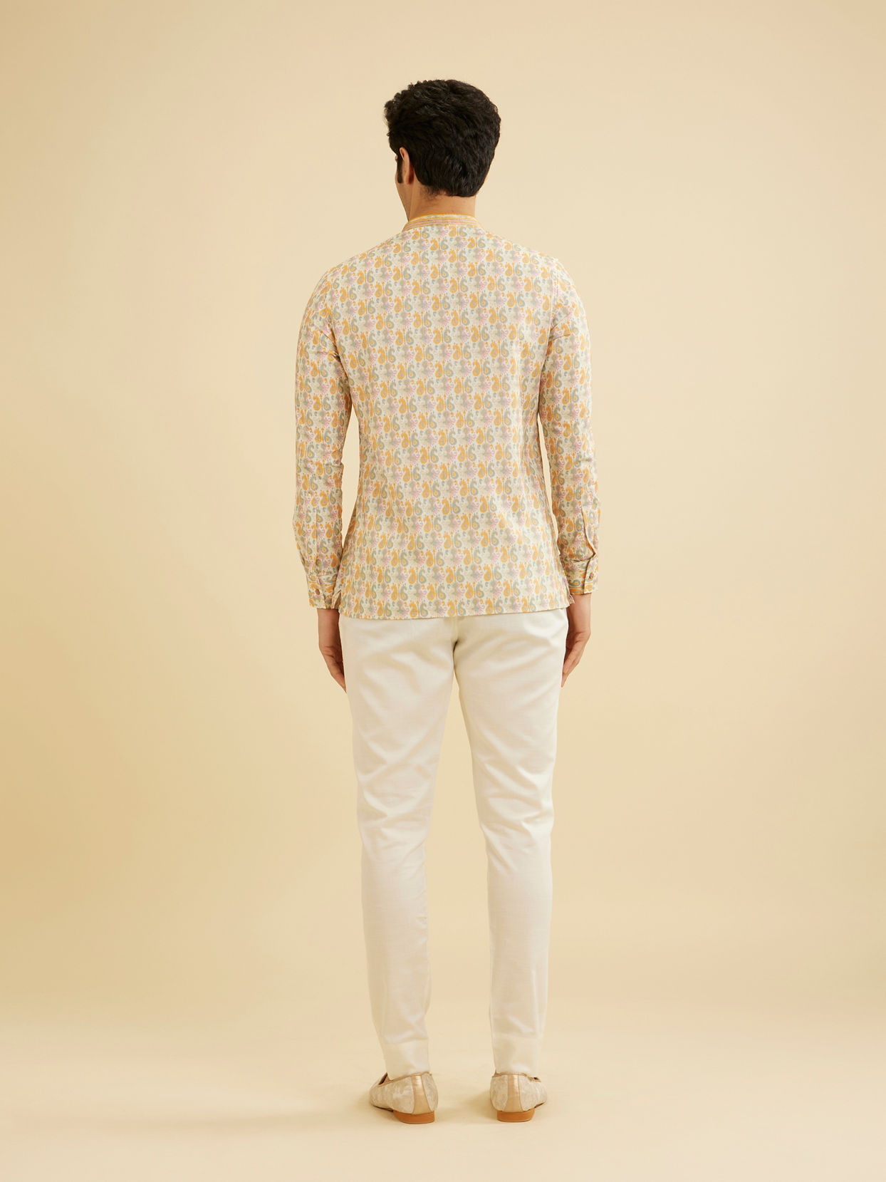 Manyavar Men Soft Beige Paisley Printed Short Kurta with Striped Neckline