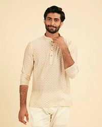 Manyavar Men Cream Beige Fern Patterned Short Kurta