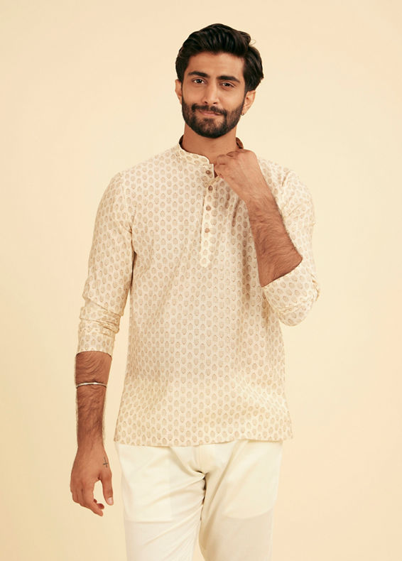 Manyavar Men Cream Beige Fern Patterned Short Kurta