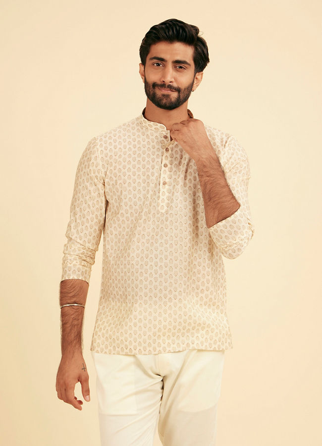 Manyavar Men Cream Beige Fern Patterned Short Kurta