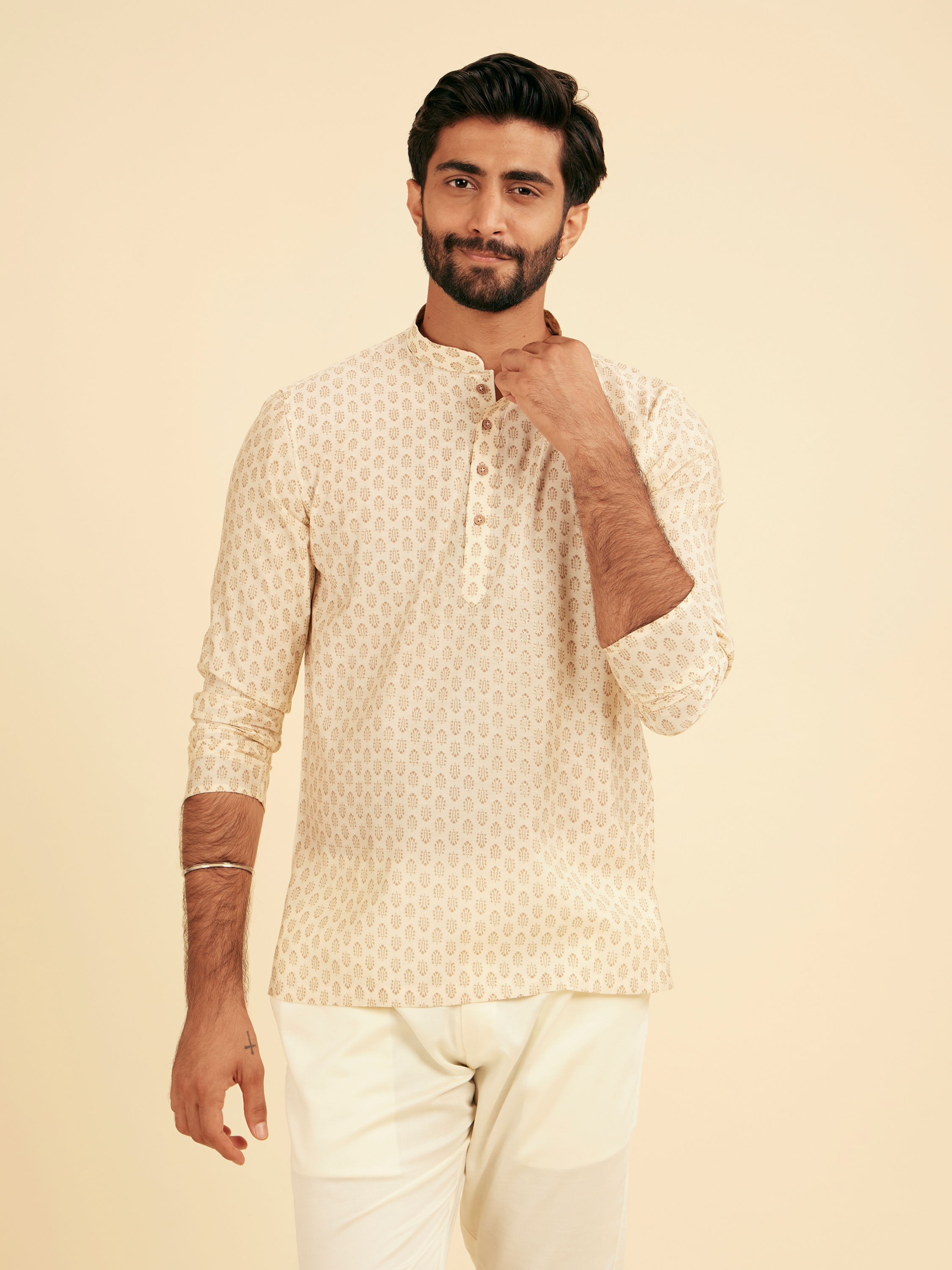 Manyavar Men Cream Beige Fern Patterned Short Kurta