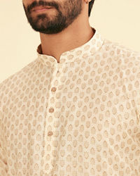 Manyavar Men Cream Beige Fern Patterned Short Kurta