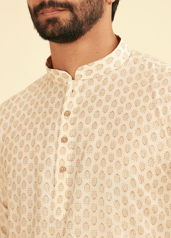 Manyavar Men Cream Beige Fern Patterned Short Kurta