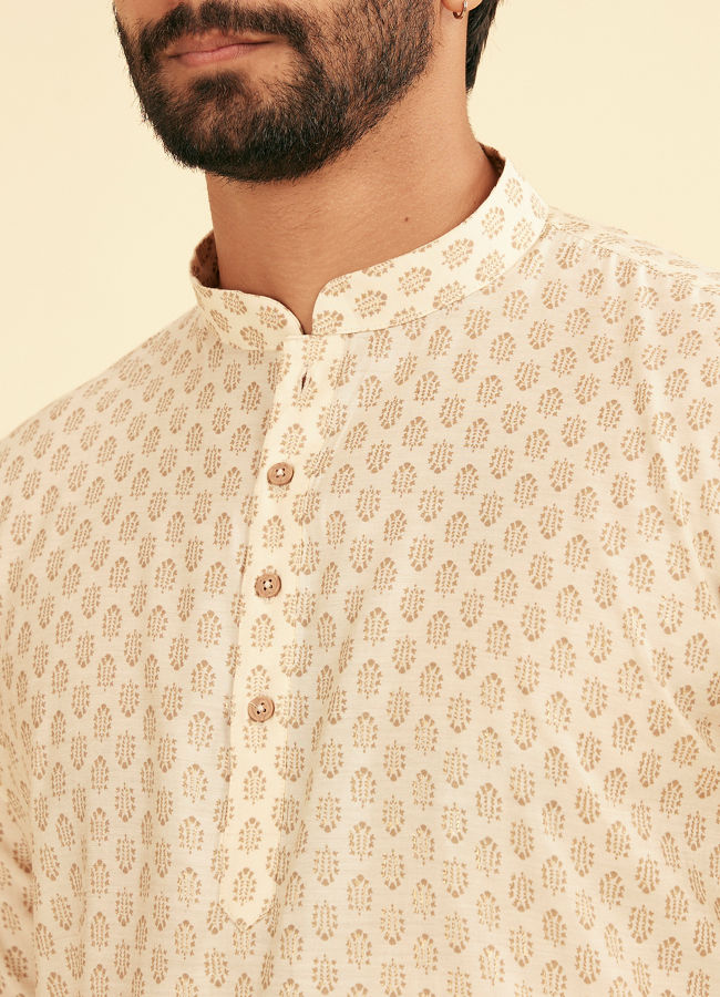 Manyavar Men Cream Beige Fern Patterned Short Kurta