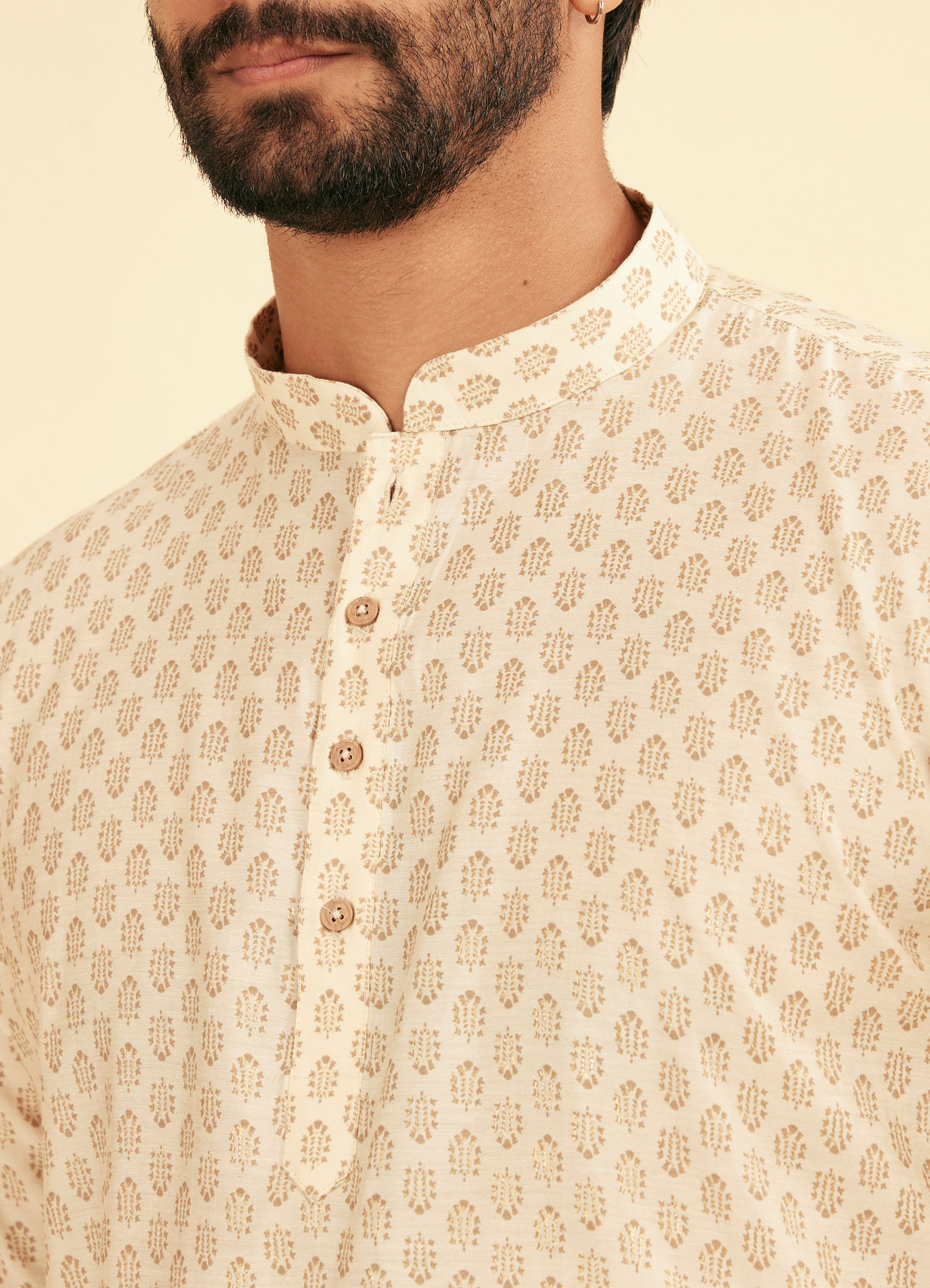 Manyavar Men Cream Beige Fern Patterned Short Kurta